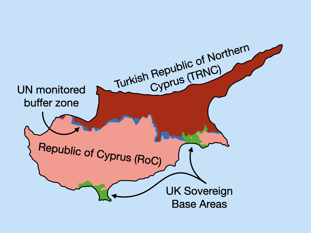 Sovereignty fragmented into Cyprus’ four jurisdictions  (sketch map by author)