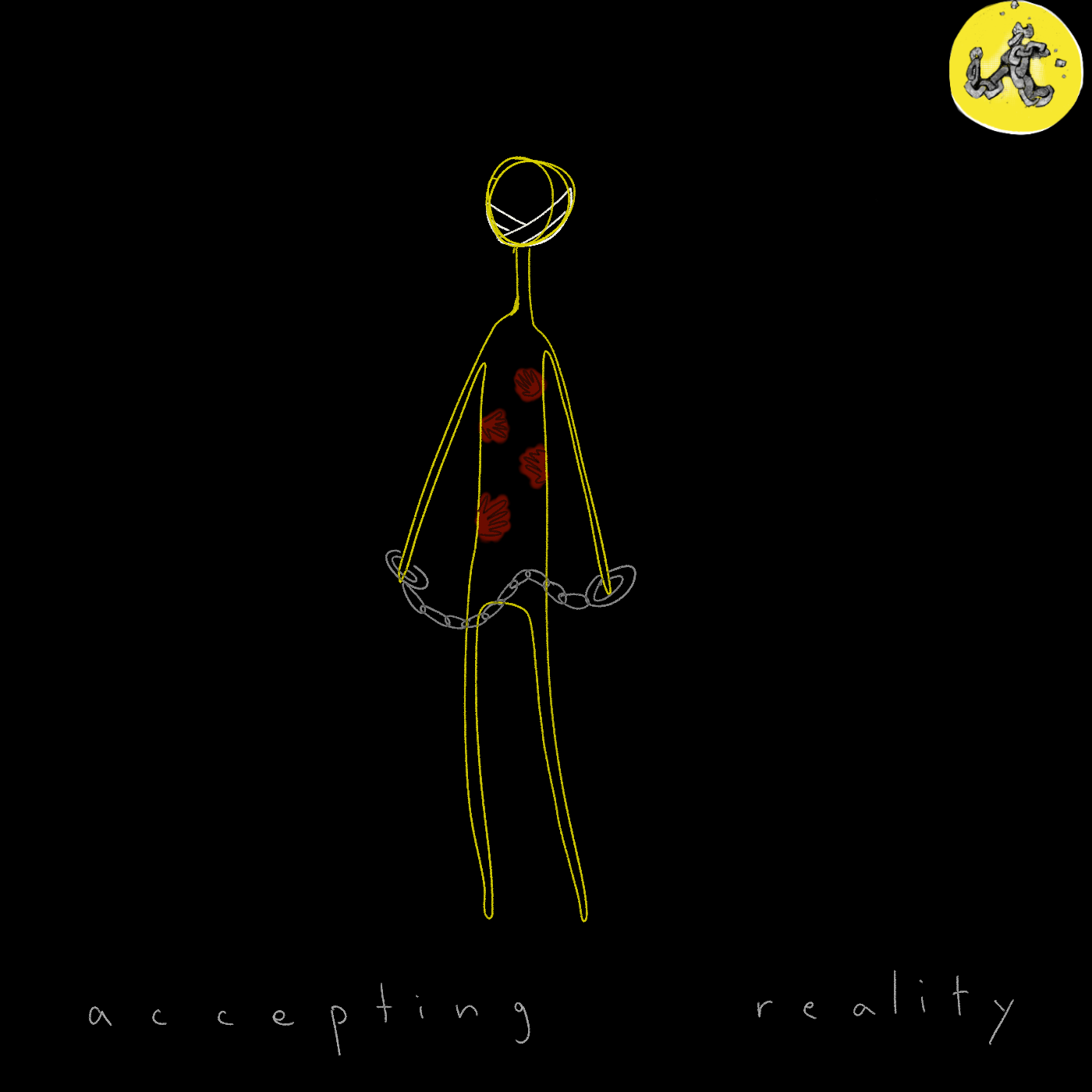 Illustration of a person in chains, with writing underneath that says 'accepting reality'