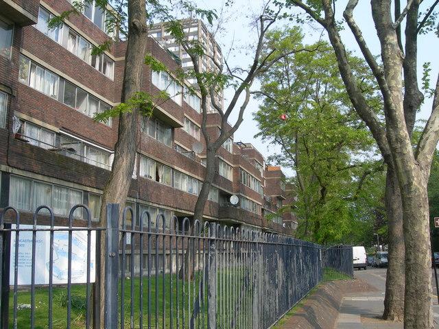 View of Lancaster West Estate from Grenfell Road in 2007 with Grenfell Tower in the background