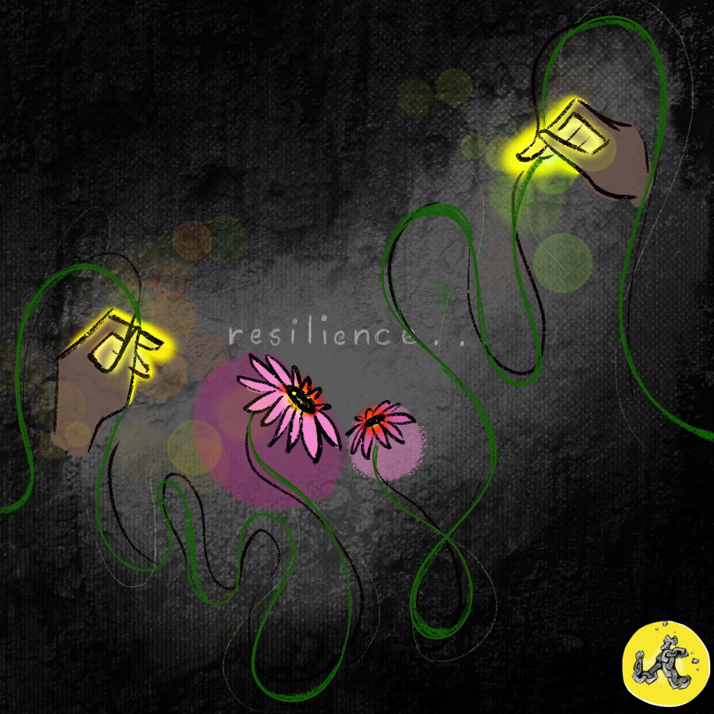 'resilience', illustration showing two hands holding a string that turns into flowers