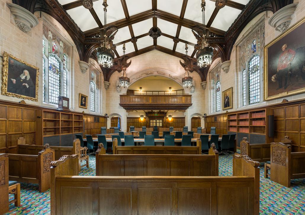 Supreme Court of the United Kingdom, Court 1 Interior, the largest of the three courtrooms of the Supreme Court of the United Kingdom in Middlesex Guildhall, London, England