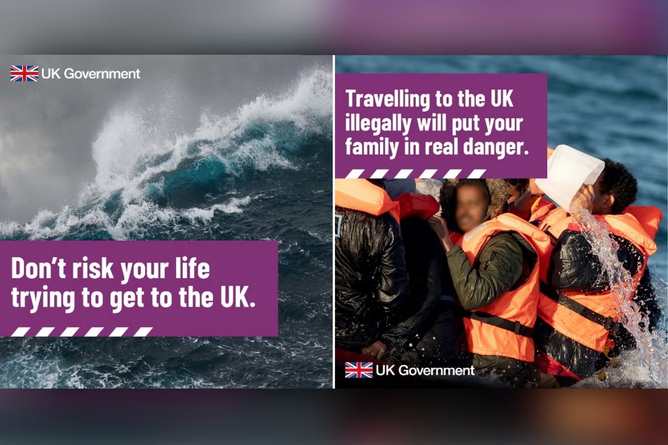 Deterrence campaign poster from UK Government saying 'don't risk your life coming to the UK' showing people drowning at sea 