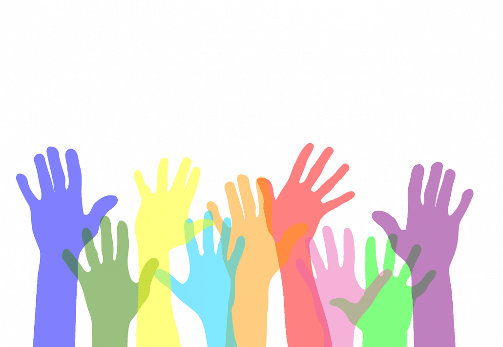Multicoloured hands in the air logo