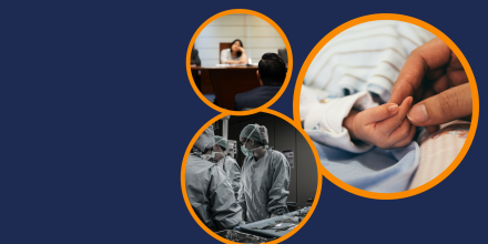 Blue background with three images in circles. One image is of an adult holding a baby's hand, the second is of a person facing another person, the third is of surgeons in a theatre.
