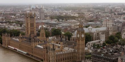 Birds eye view of parliament during daytime on a cloudy day