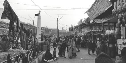 black and white picture of a busy market