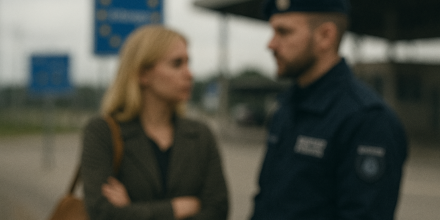 A semi-blurred photo of a border checkpoint (e.g., a road barrier, gate, or control post), with two or more figures—one in uniform, one civilian—in partial silhouette, caught mid-conversation