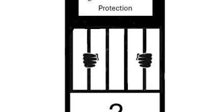drawing of a phone with a picture of two hands holding on to prison bars, with on top the writing 'right to international protection', and  a question mark below