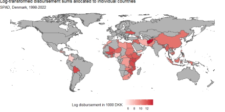 Figure 1: Map showing the logarithmic transformation of the total disbursements allocated to individual countries by Denmark. 