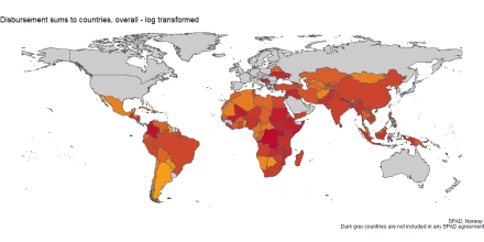  Map showing the logarithmic transformation of the total disbursements allocated to individual countries by Norway. 