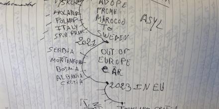  A map drawn by a detainee in Ellebæk Detention Centre, of his life through Europe's border regime. 