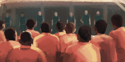 Impressionist or blurred paint artwork depicting a group of black men in orange jumpsuits in a prison room setting with harsh white lights above. The men in orange sit facing away from the viewer and in front of them are several white faceless border guards facing them. A balcony is above