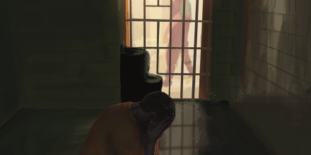 Illustration/ painting of a man in an orange jumpsuit seen from inside a cell, sitting with his head in his hands. Colours are muted and edges blurred. A person walks past the bars of his cell
