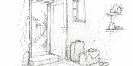 A digital sketch of luggage left by an open front door, next to a pair of shoes. The plaster on the walls is cracked, with stonework showing through. Outside, a path leads to other houses