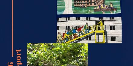 First page of Border Criminologies' 2025-2026 annual report. Image of a mural on a wall in Cyprus with foliage around, and image of a tapestry at an exhibition reading: Justice knows no borders