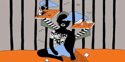 Illustration. A child, in black and white, sits in a grey space with black bars vertically behind. Inside the child's chest are figures of people in white. Blue clouds sit around their head and green stairs lead outwards from their body. At the top of the right-hand stairs are little white birds on an orange square. At the top of the left stairs, another orange square and a person tending to little green plants. 