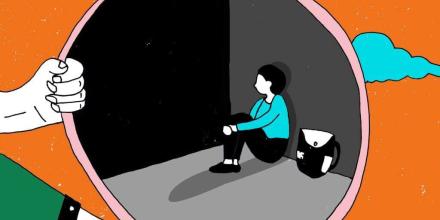 Illustration. Orange background with grey clouds. Hands hold up a circular mirror or frame, and inside is a grey cell with a child sitting against the wall with their knees up.