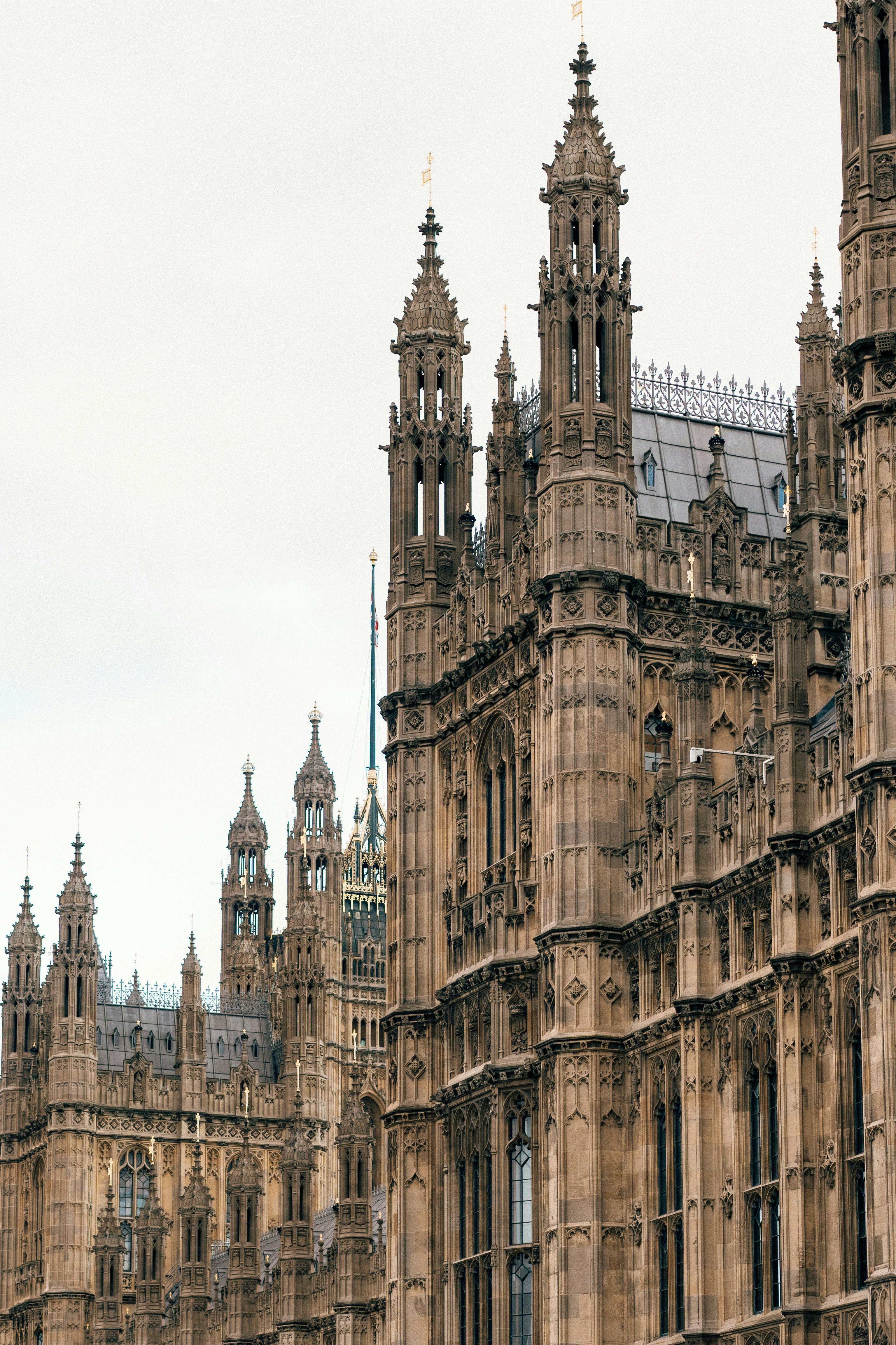 A close up shot showing the details of the Gothic Architecture of Westminster palace