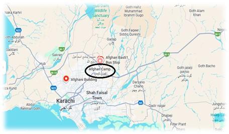 google maps screenshot showing the exact location of the refugee camp near Karachi