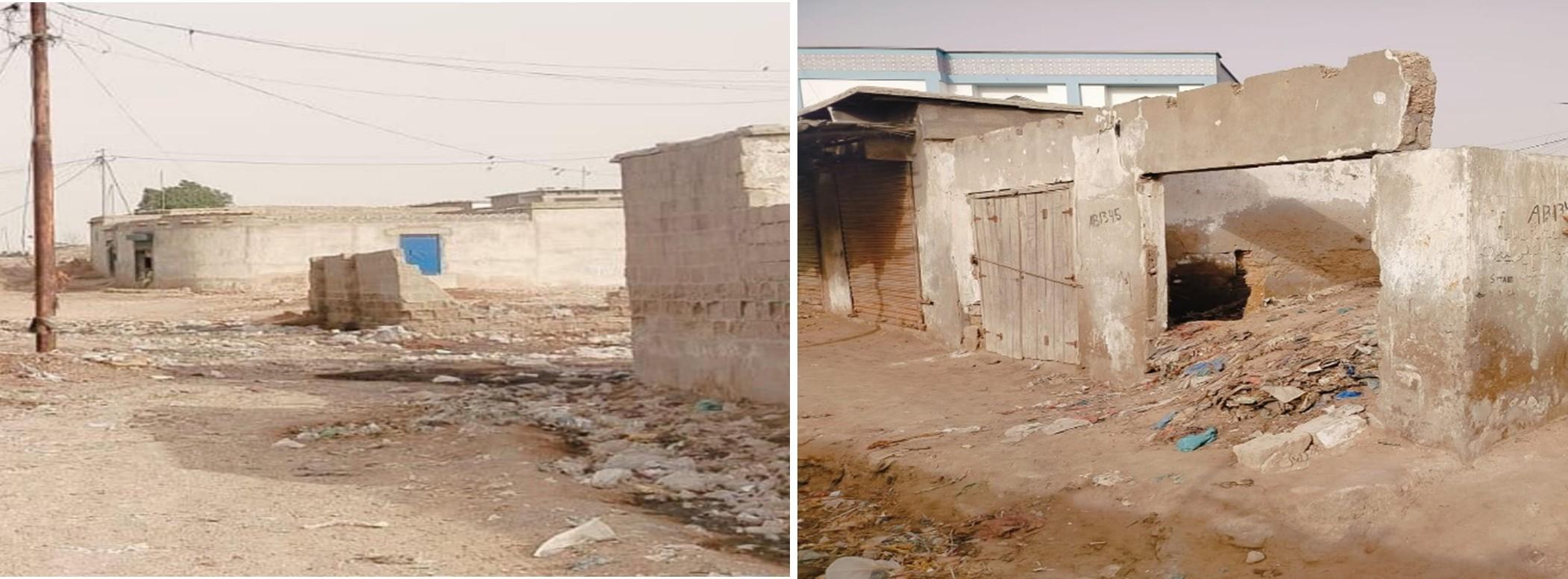 two pictures showing damaged walls and debris on the floor over houses missing a ceiling