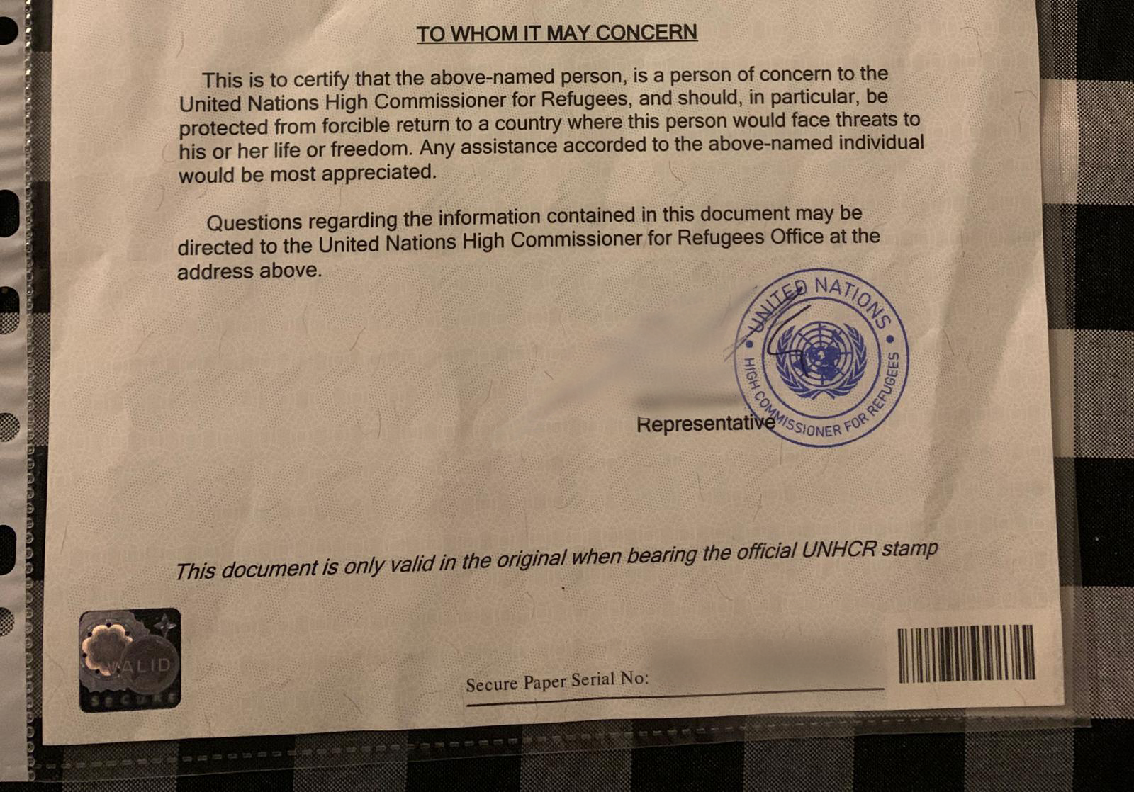  “person of concern” letter issued by UNHCR confirming protection against deportation in the TRNC 