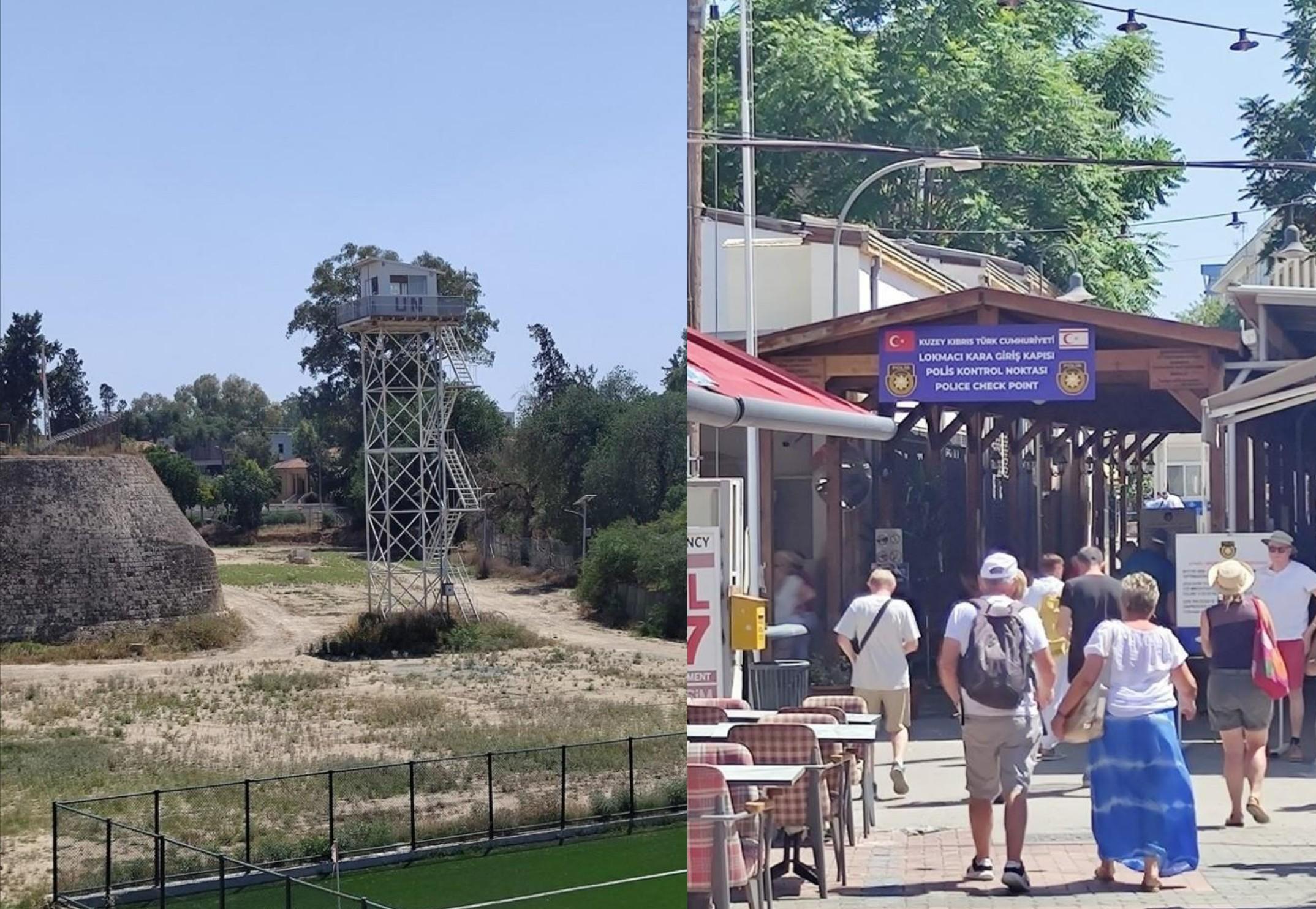 two pictures are next to each other: On the left is a UN watchtower in the Nicosia buffer zone; on the right, people crossing the Ledra Street checkpoint to the RoC