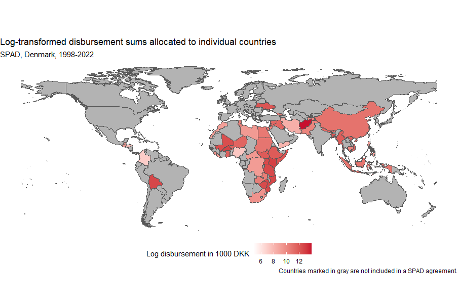 Figure 1: Map showing the logarithmic transformation of the total disbursements allocated to individual countries by Denmark. 