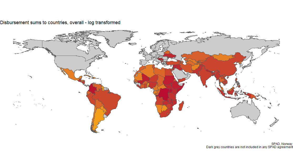 Map showing the logarithmic transformation of the total disbursements allocated to individual countries by Norway. 