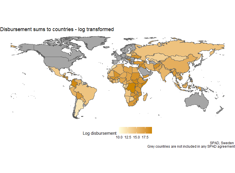 the figure illustrates the logarithmic transformation of total disbursements allocated to individual countries by Sweden 