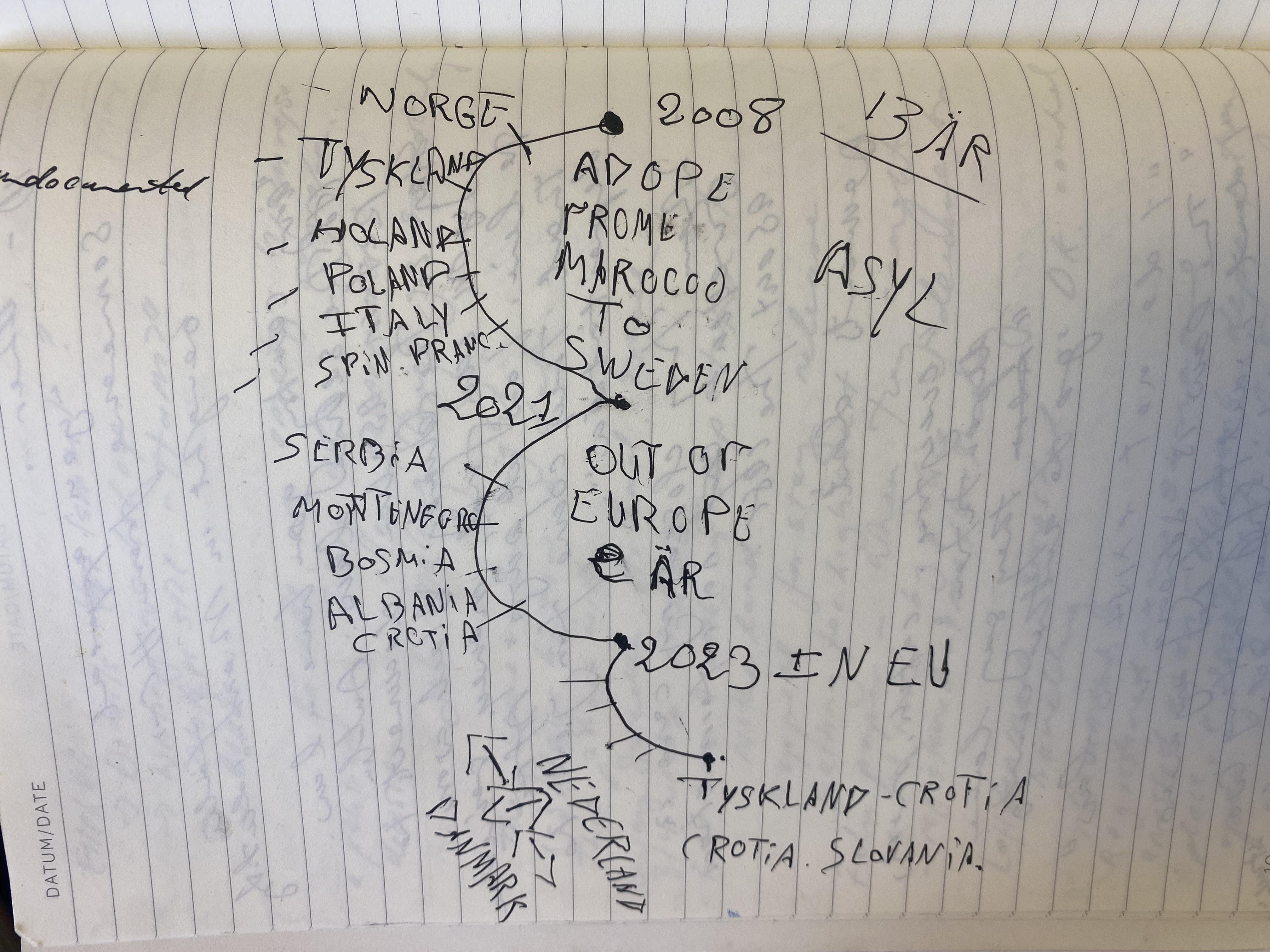  A map drawn by a detainee in Ellebæk Detention Centre, of his life through Europe's border regime. 