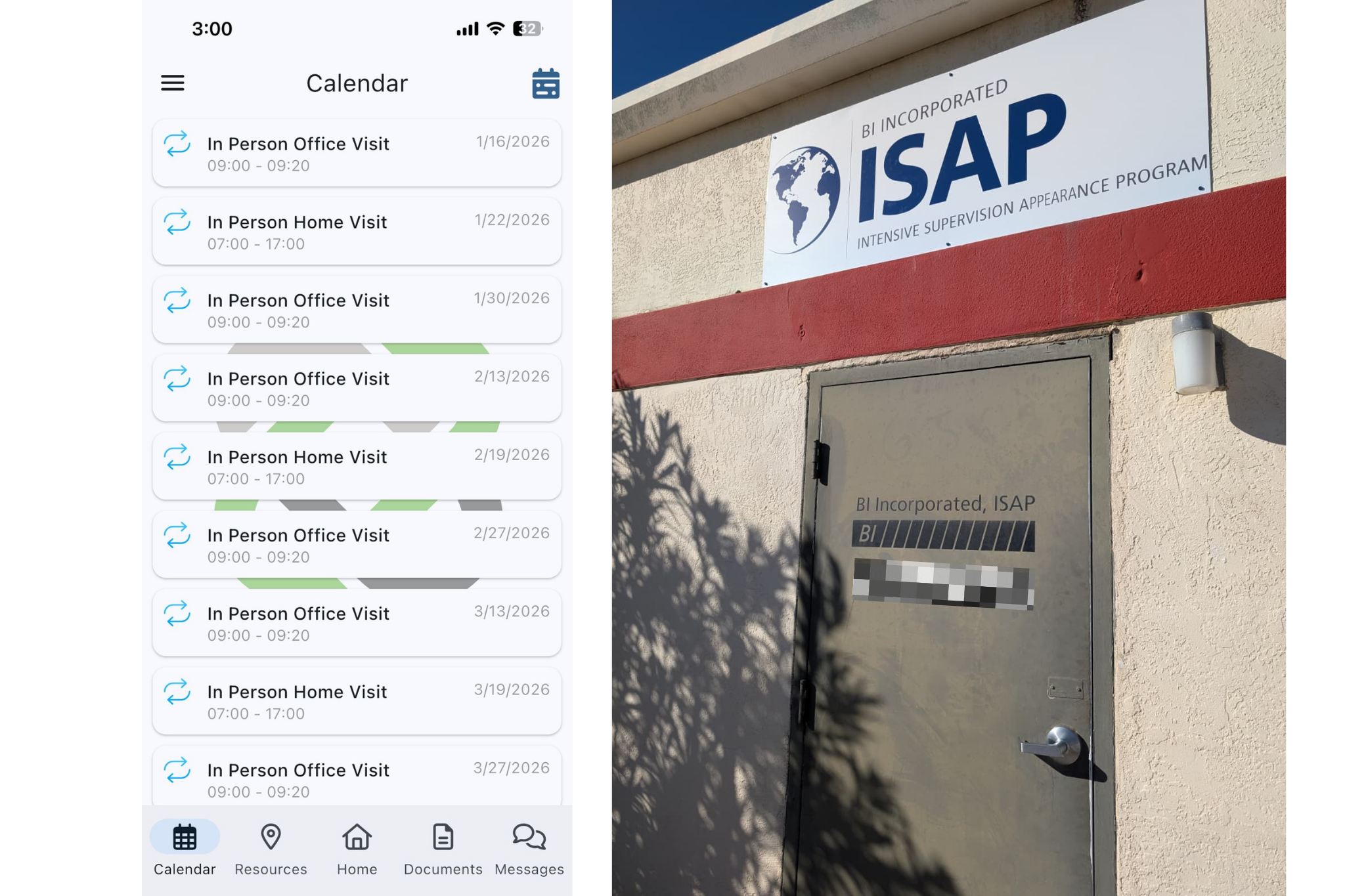 Two images. On the left: a screenshot of appointment reminders for every week in January and February 2026; on the right: the metal door to ISAP offices