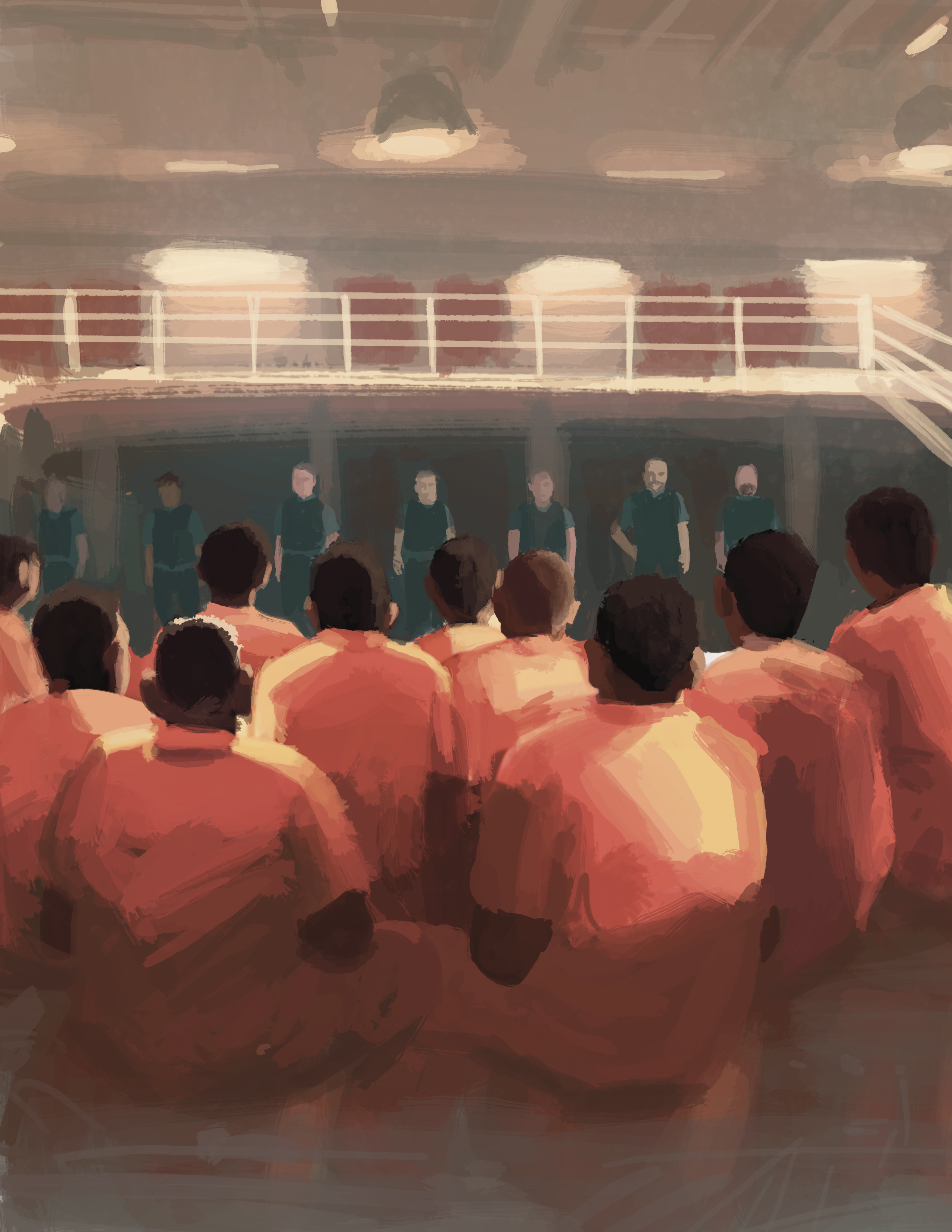 Impressionist or blurred paint artwork depicting a group of black men in orange jumpsuits in a prison room setting with harsh white lights above. The men in orange sit facing away from the viewer and in front of them are several white faceless border guards facing them. A balcony is above
