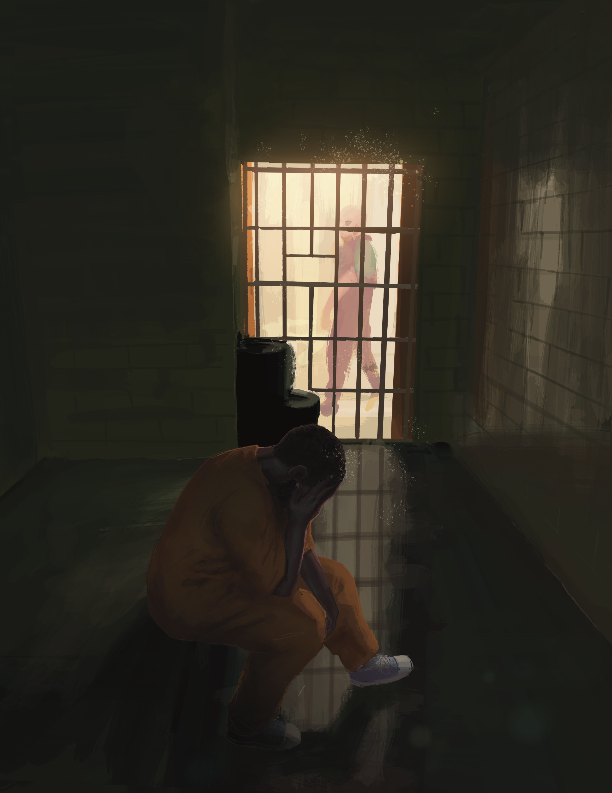 Illustration/ painting of a man in an orange jumpsuit seen from inside a cell, sitting with his head in his hands. Colours are muted and edges blurred. A person walks past the bars of his cell