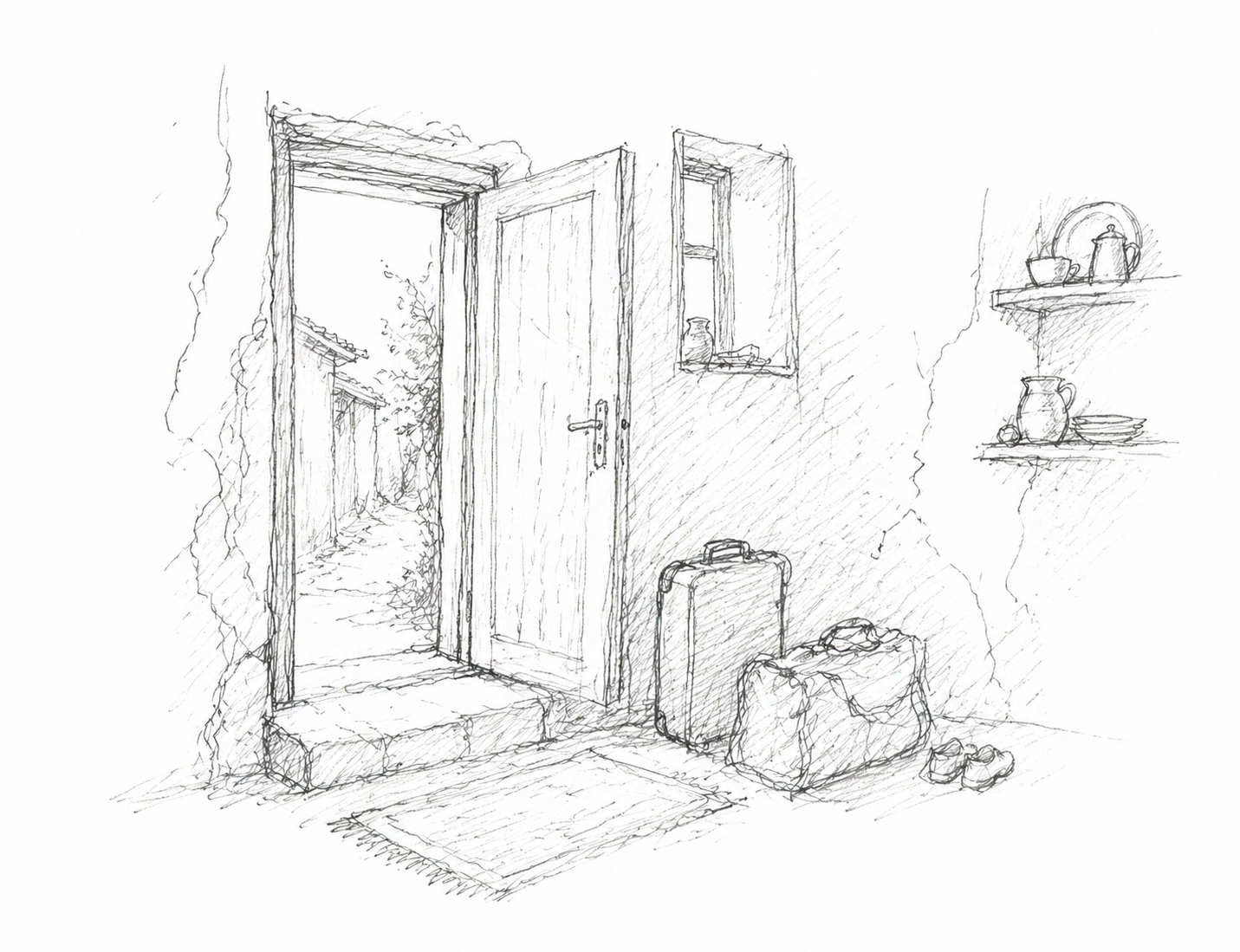 A digital sketch of luggage left by an open front door, next to a pair of shoes. The plaster on the walls is cracked, with stonework showing through. Outside, a path leads to other houses