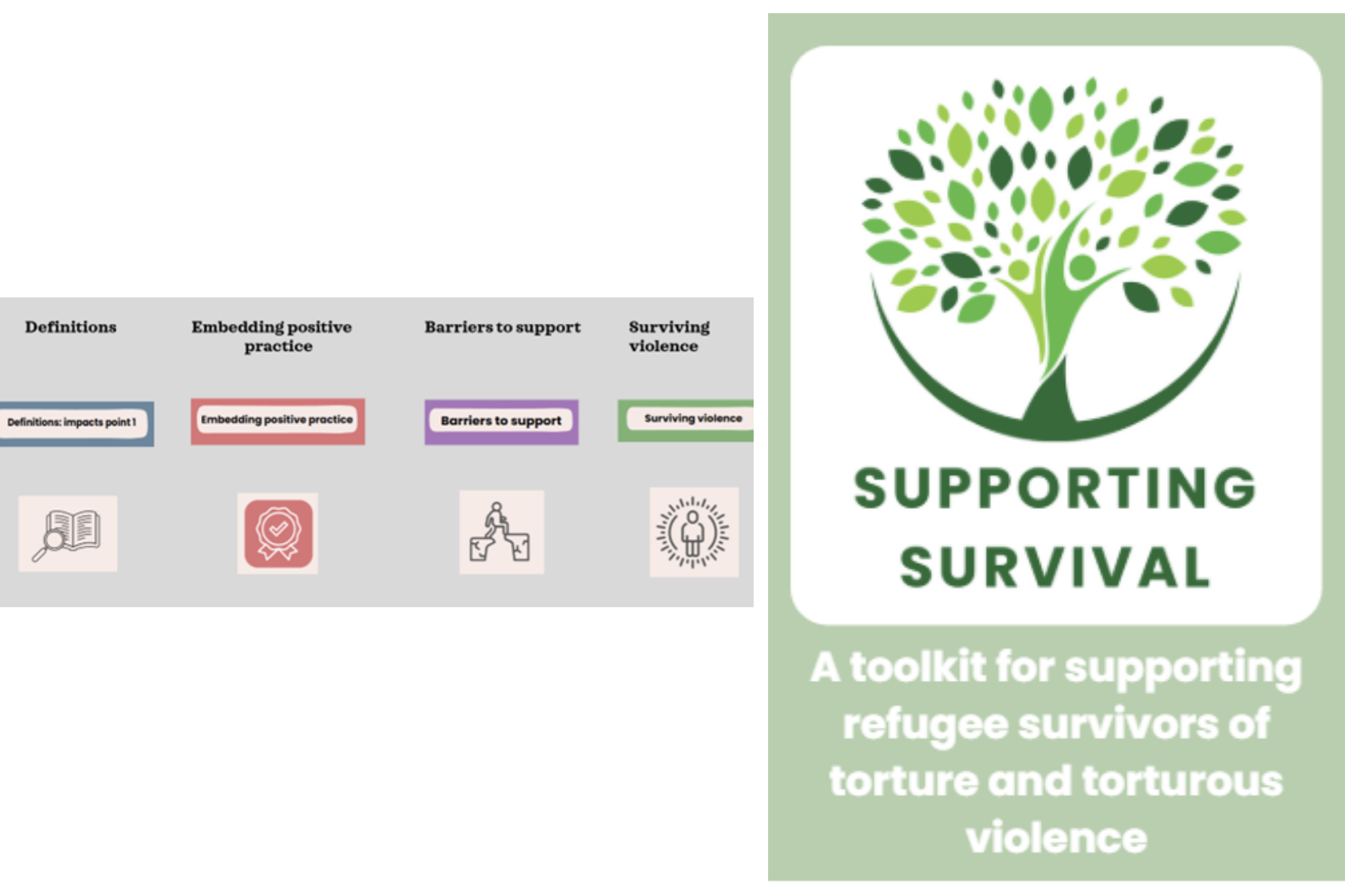 Two graphics side by side: on the left, the card categories (definitions, embedding positive practice, barriers to support, surviving violence). On the right: a graphic of a white tree on green background, reading "Supporting survival. A toolkit for supporting refugees of torture and torturous violence".
