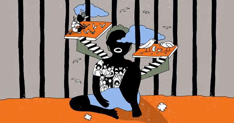 Illustration. A child, in black and white, sits in a grey space with black bars vertically behind. Inside the child's chest are figures of people in white. Blue clouds sit around their head and green stairs lead outwards from their body. At the top of the right-hand stairs are little white birds on an orange square. At the top of the left stairs, another orange square and a person tending to little green plants. 