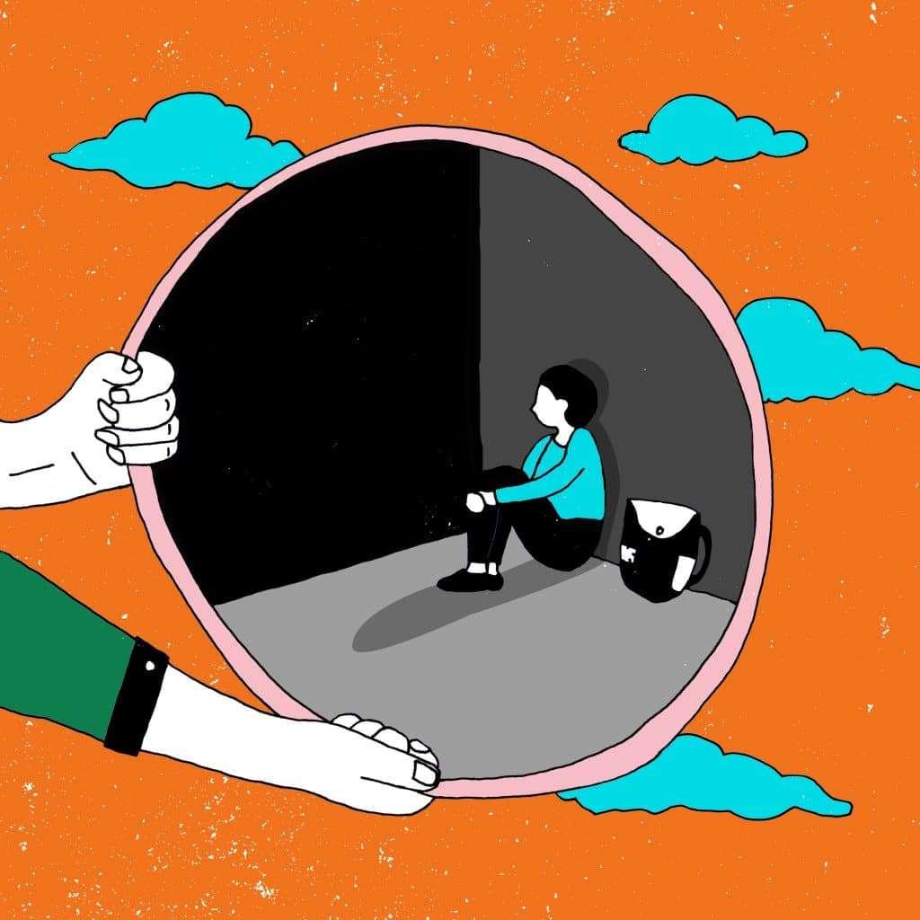 Illustration. Orange background with grey clouds. Hands hold up a circular mirror or frame, and inside is a grey cell with a child sitting against the wall with their knees up.