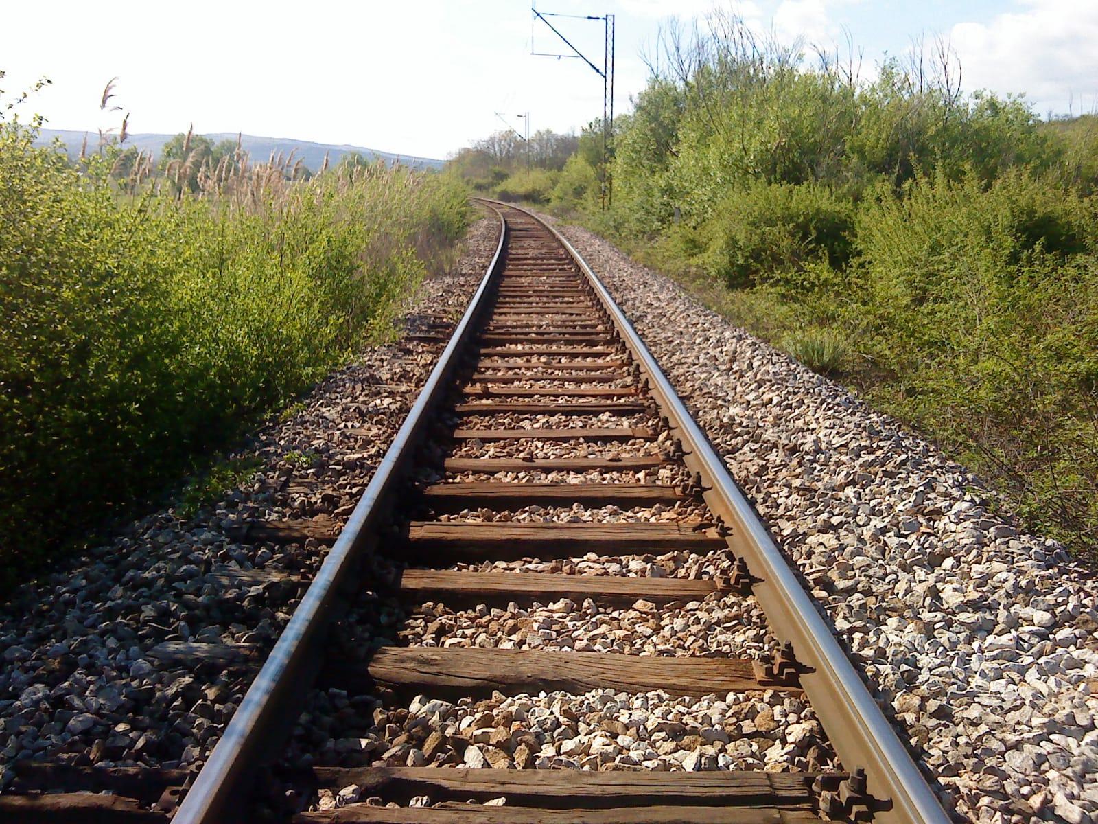 Train tracks through a countryside along the Balkan route. Green shrubs border the tracks